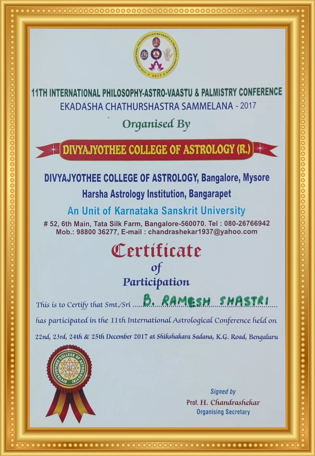 Awarded at 11th International Physiology, Astro, Vastu and Palmistry Conference
